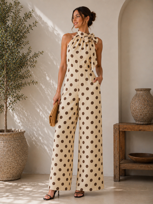 Polka Dot Halter Wide-Leg Jumpsuit Beige
