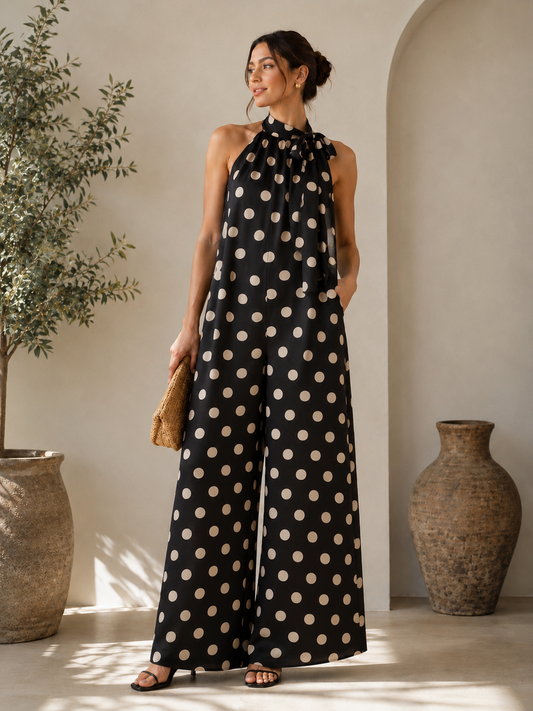 Polka Dot Halter Wide-Leg Jumpsuit black
