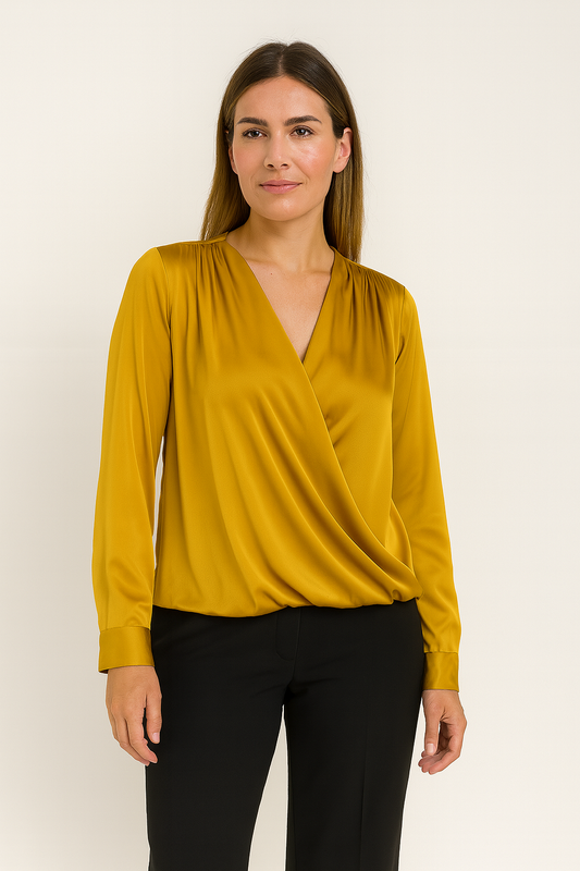 Long Sleeves v neck Satin Top Gold