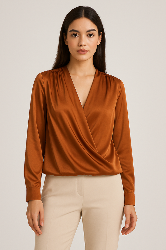 Long Sleeves v neck Satin Top Rust