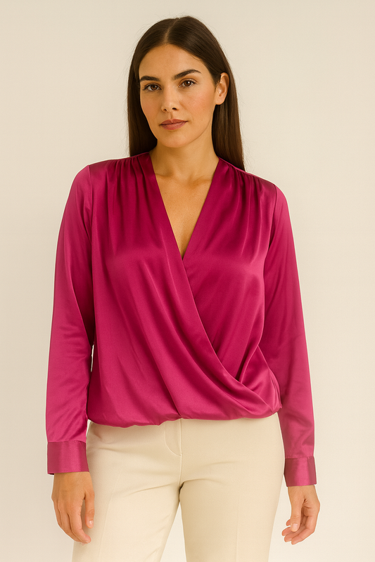 Long Sleeves v neck Satin Top Magenta