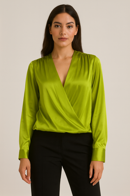 Long Sleeves v neck Satin Top Green