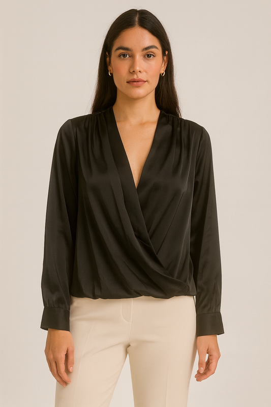 Long Sleeves V Neck Satin top black