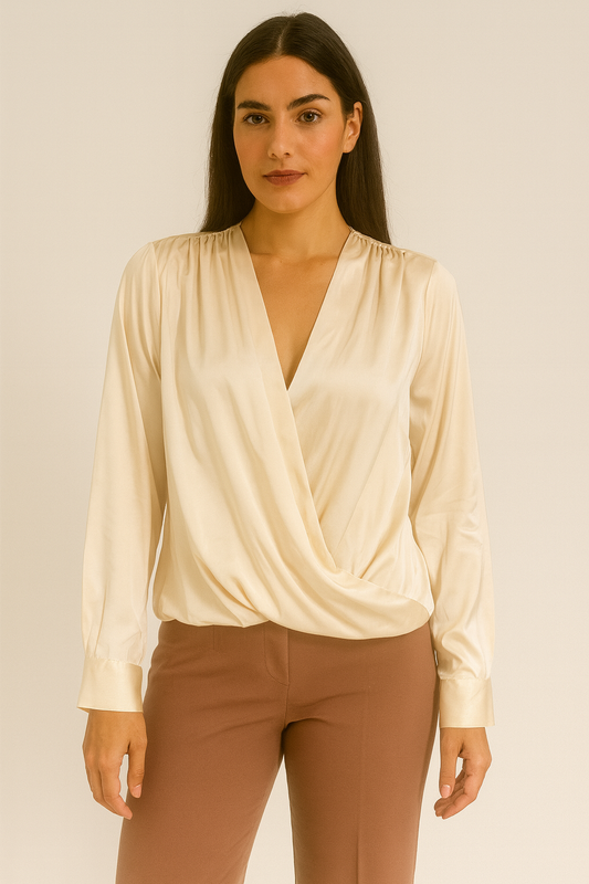 Long Sleeves V Neck Satin Top Ivory