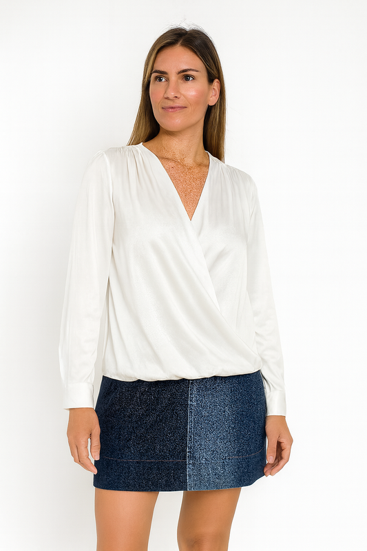 Long Sleeves v neck Satin Top White