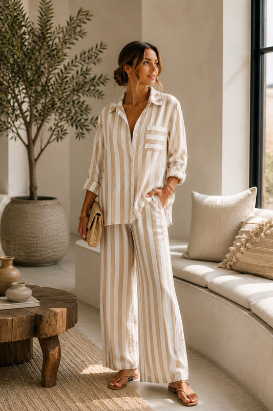 Beige Coastal Italian Linen Stripe Set