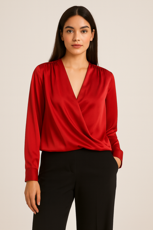 Long Sleeve V Neck Satin Top Red