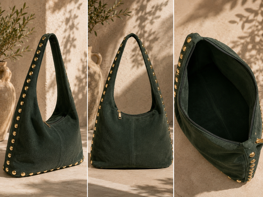 Dark Green Milano Studded Suede Bag