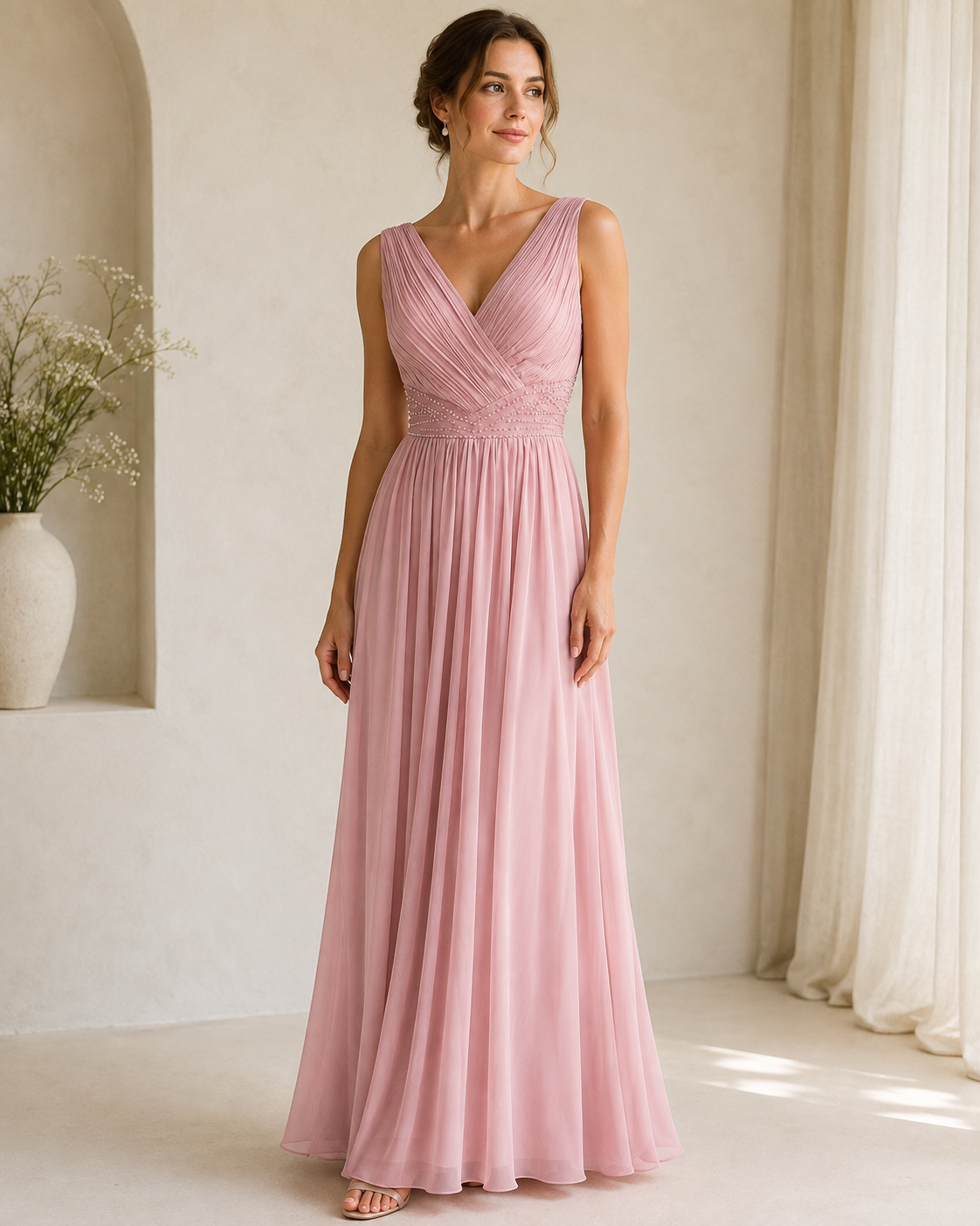 Blush V-Neck Pleated Evening Dress