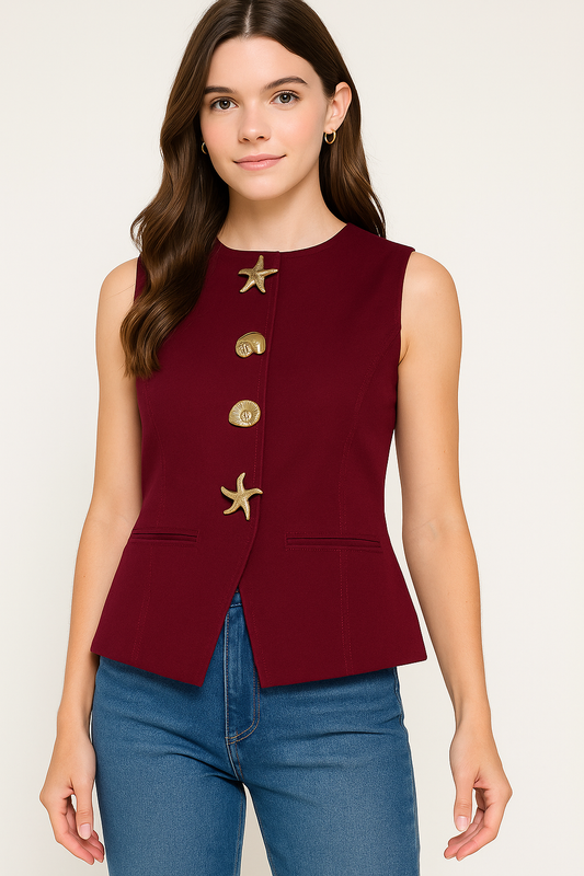 Sleeveless Metal Button Detail Denim Shirt Burgundy