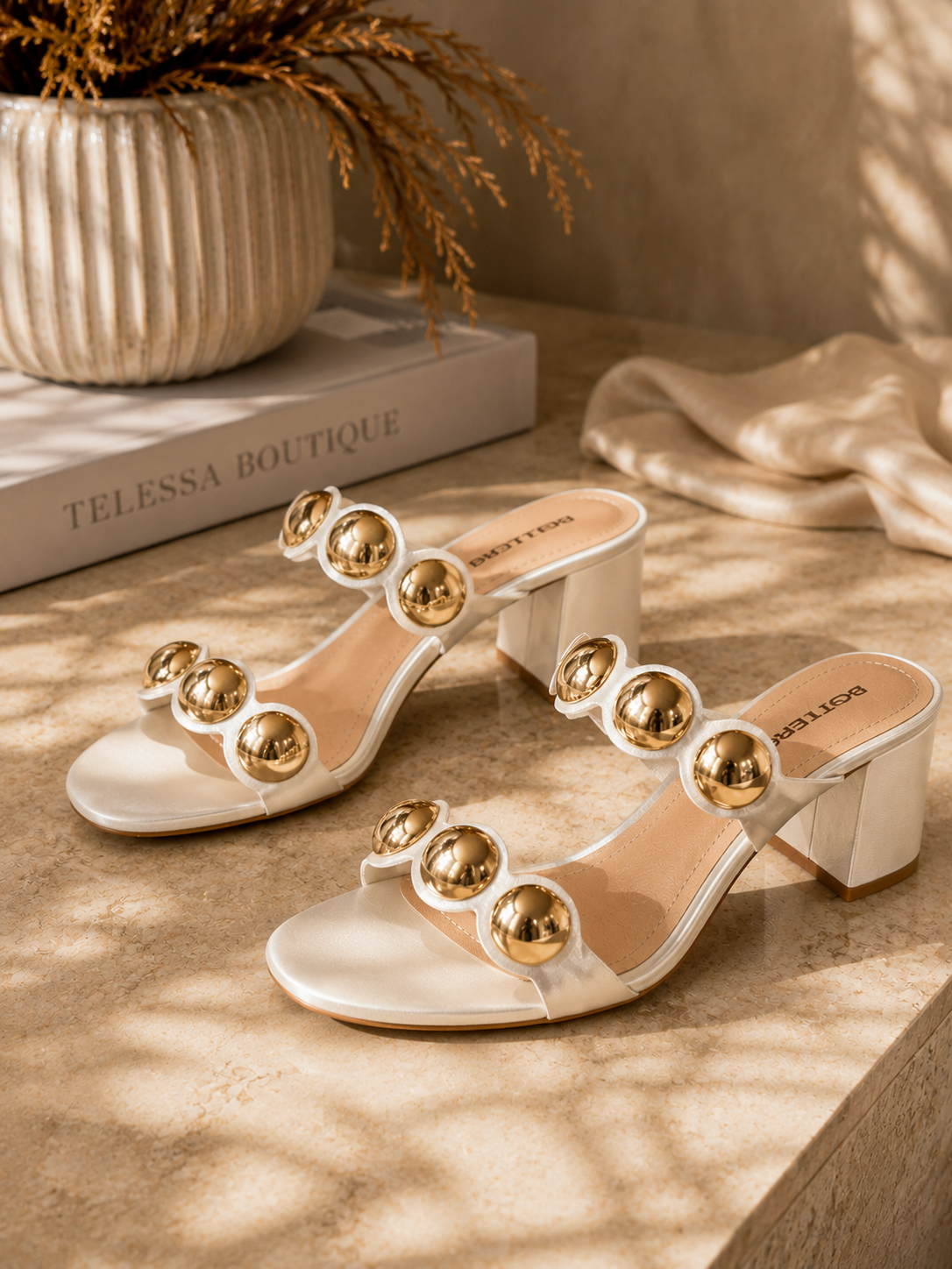 Bottero Ivory Genuine Leather Block Heel Slide with Gold Accents