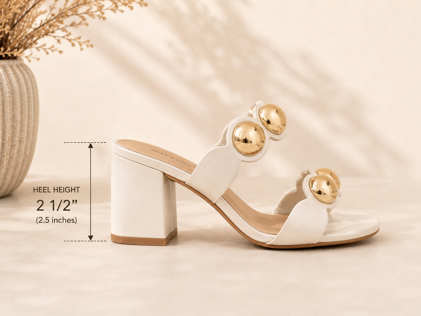 Bottero Ivory Genuine Leather Block Heel Slide with Gold Accents