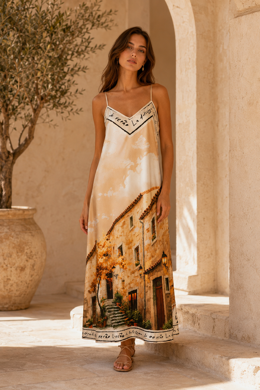 Italian Stamp Line Dress Beige