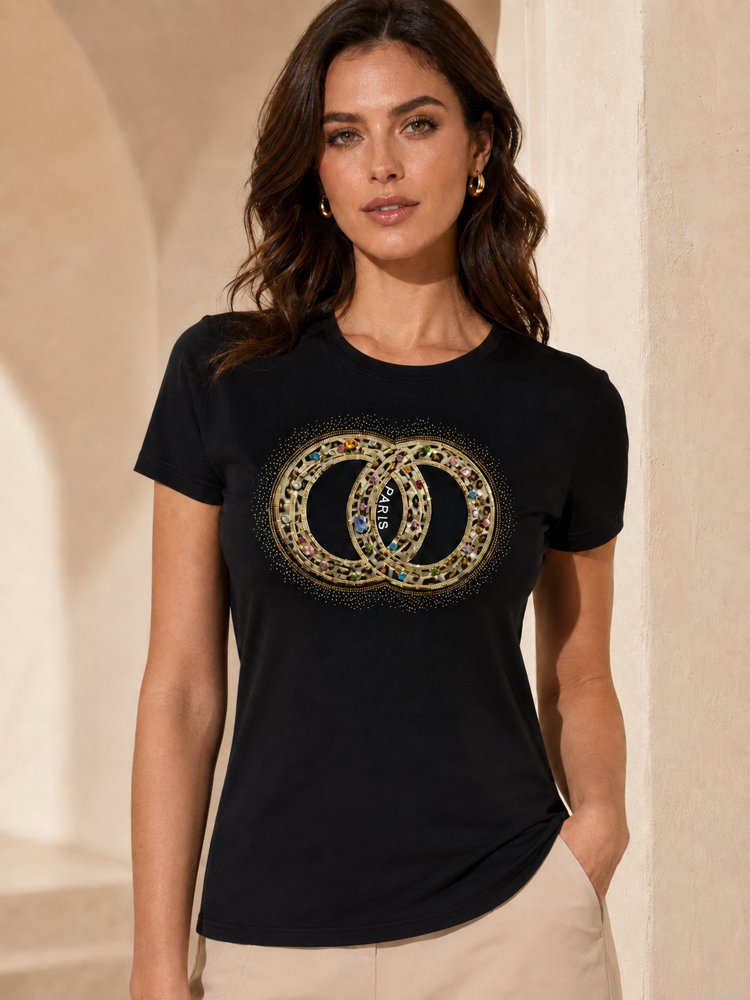 Animal Print Detail Black T-shirt