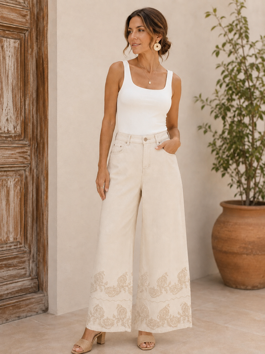Italian Embroidered Wide-Leg Pants
