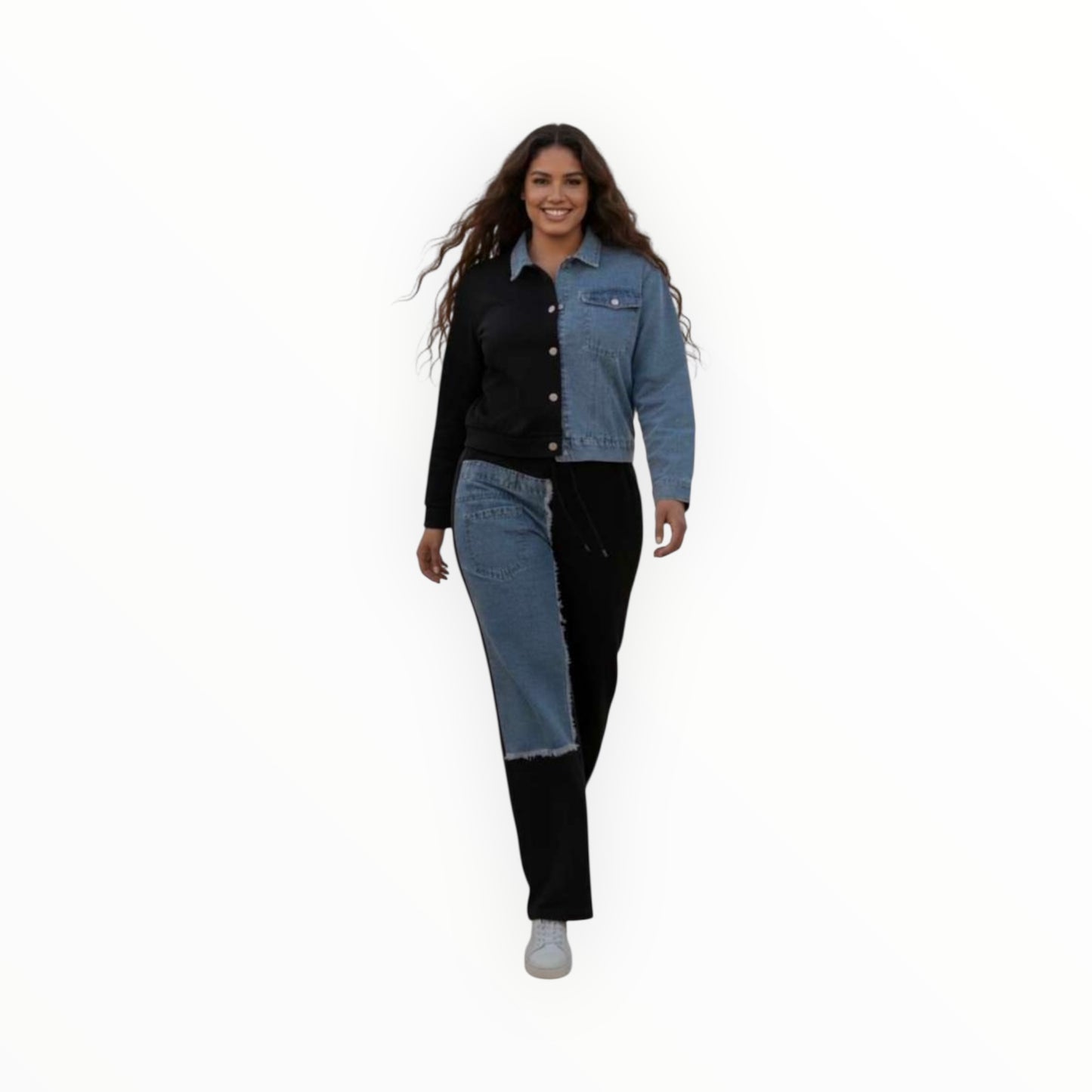 Contrast Denim Black Set Plus