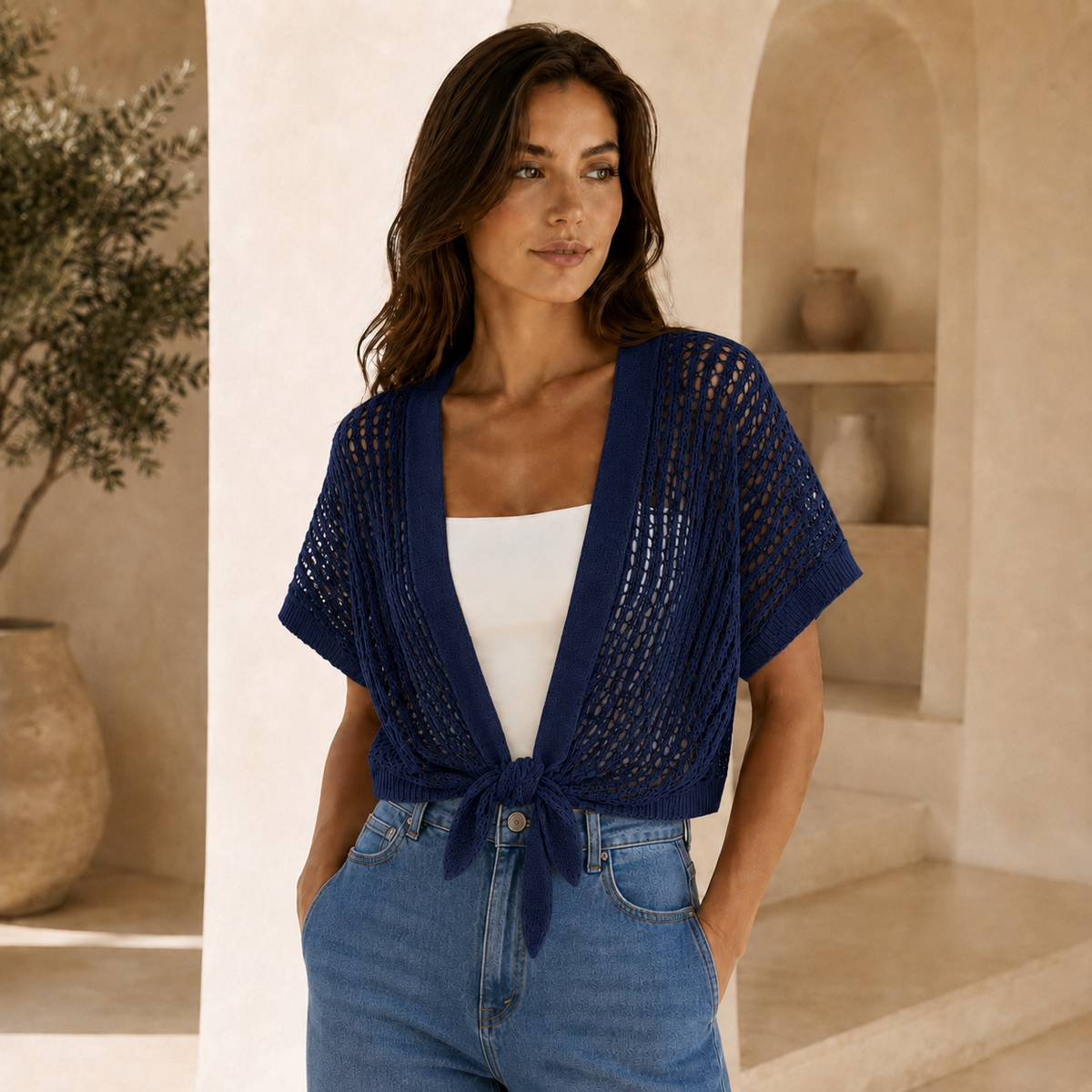 Navy Front Knot Cardigan