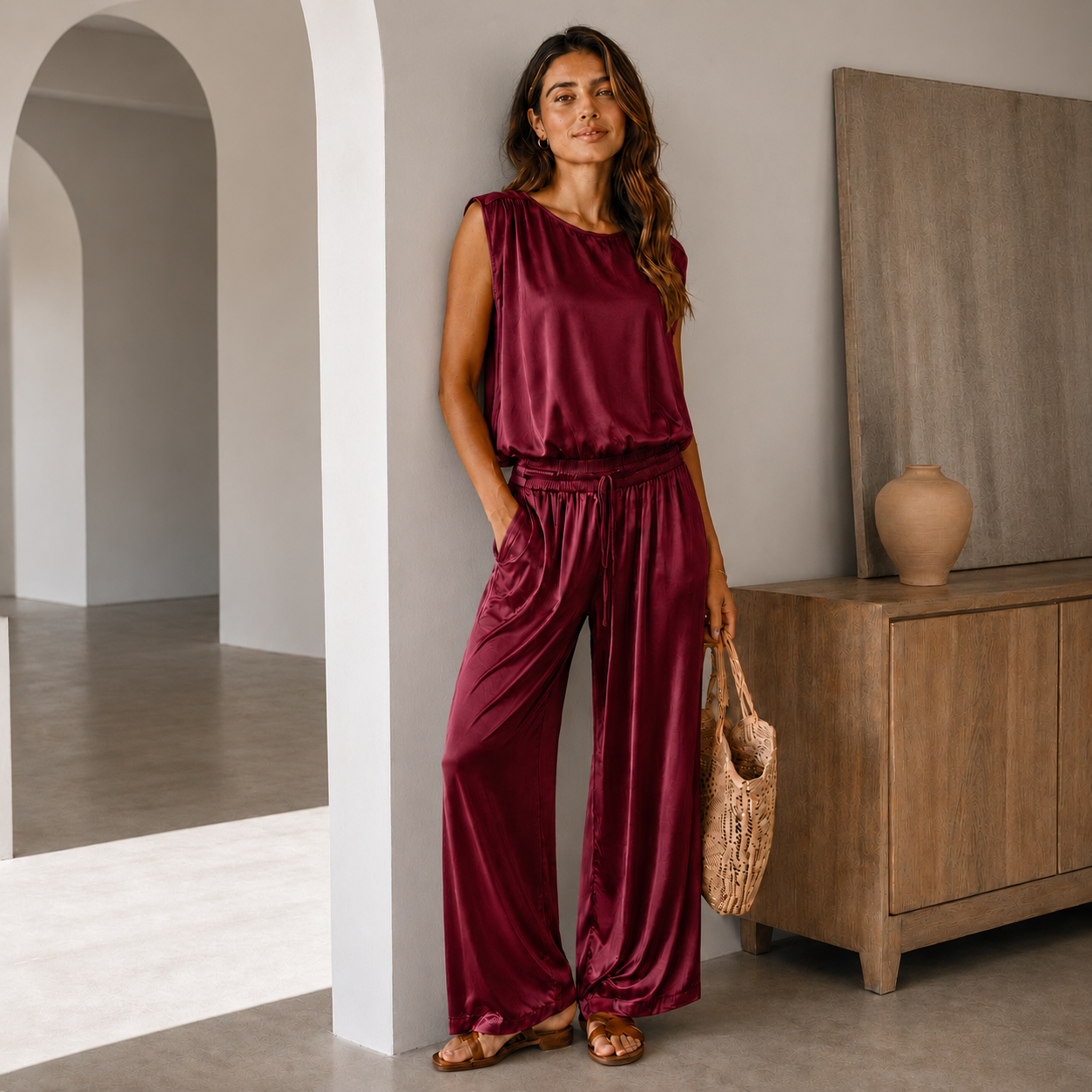 Italian Burgundy Satin Elegance Two-Piece Set