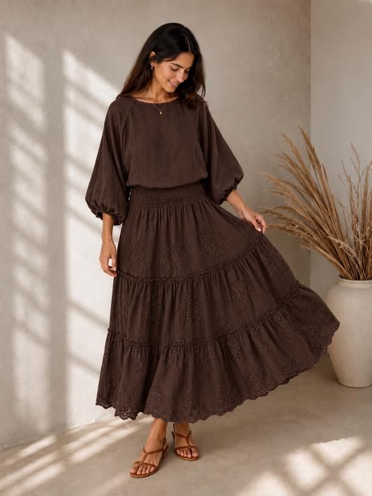 Boho Elegance Embroidered Linen Set Chocolate Brown