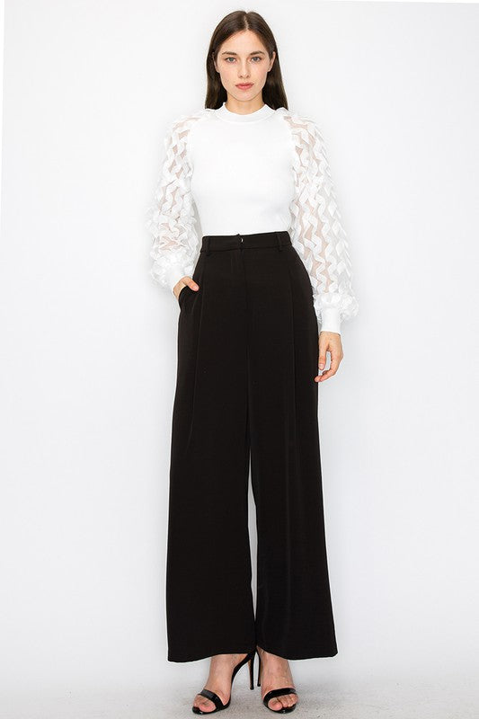 Lace Mesh Puff Long Sleeves Knit Top
