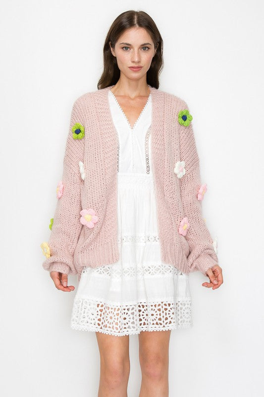 3D Flower Drop Shoulder Long Sleeves Cardigan In Pink