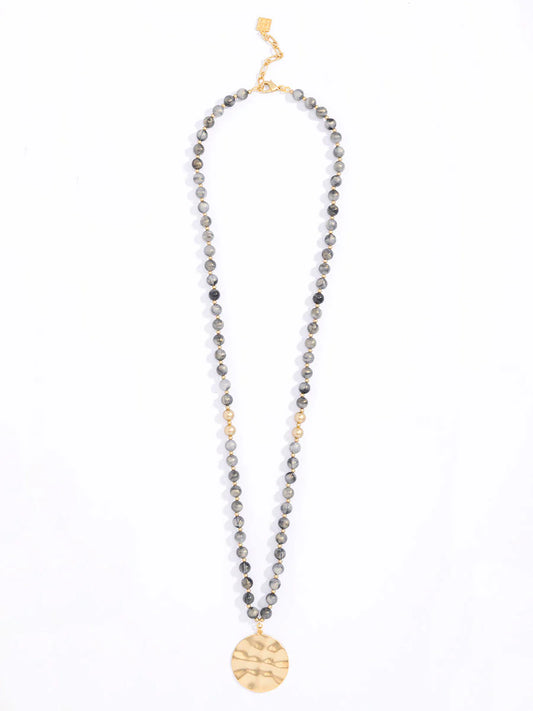 Iridescent Grey Beaded Medallion Long Necklace