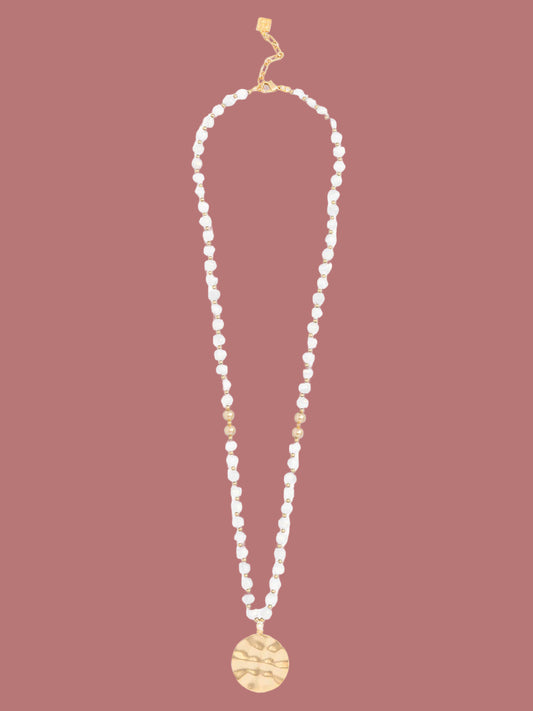 Iridescent Beaded Medallion Long Necklace In White