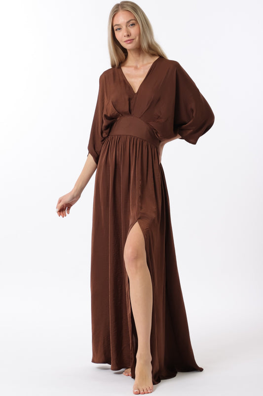 Choco Brown Kimono Sleeve Elastic Back Waisted Maxi Dress
