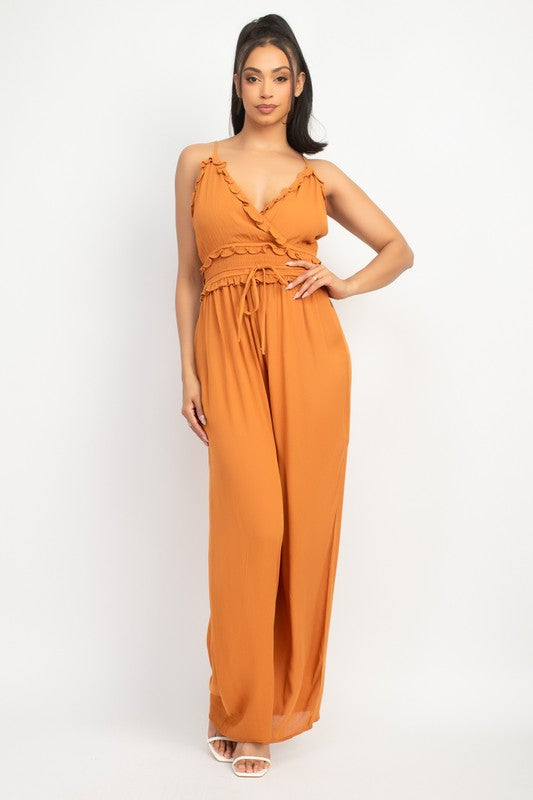 Ruffled V-neck Wrap Jumpsuit Mocha