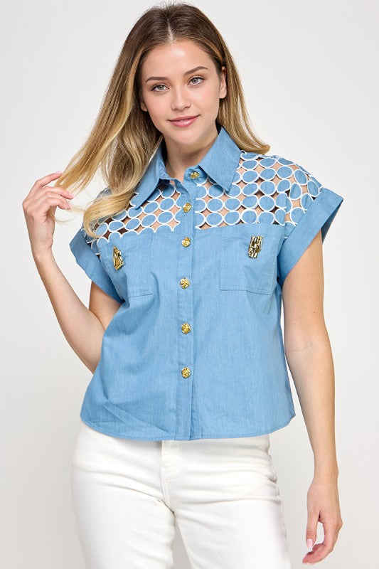 Lazor Cut Eyelet Shirt In Blue With Gold Details