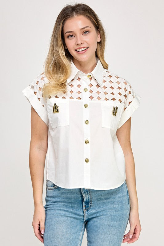 Lazor Cut Eyelet Shirt White Gold Details