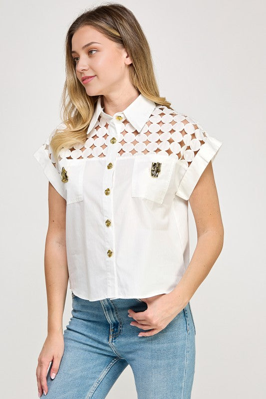Lazor Cut Eyelet Shirt White Gold Details