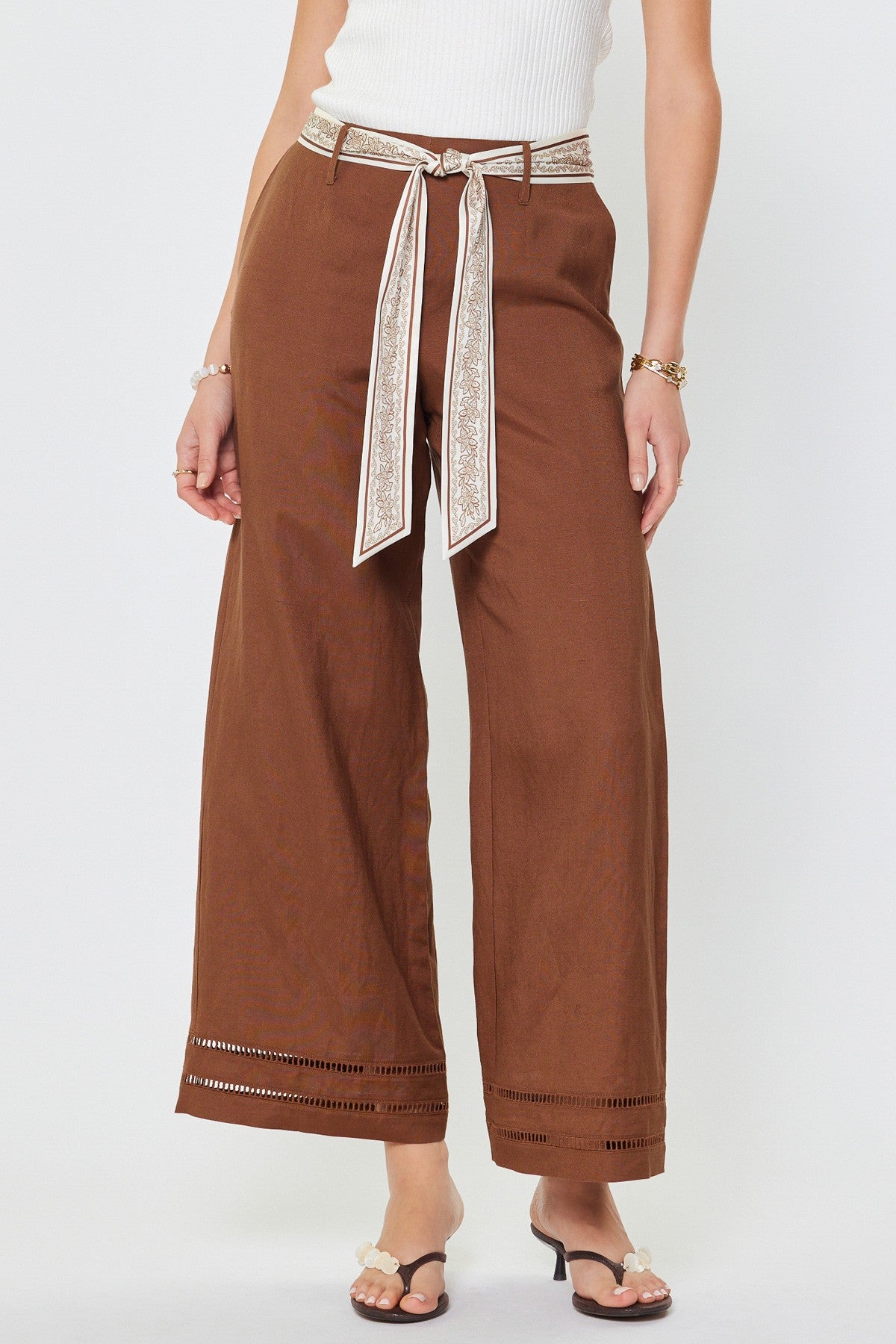 High Rise Full Lenght Wide Pants With Scarf Waist Belt Brown
