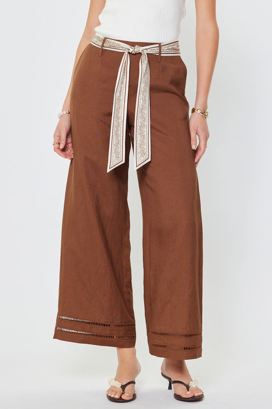 High Rise Full Lenght Wide Pants With Scarf Waist Belt Brown