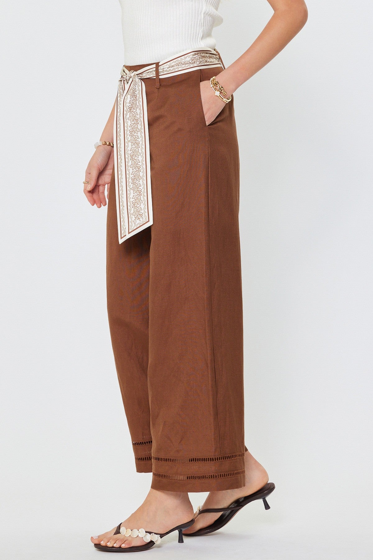 High Rise Full Lenght Wide Pants With Scarf Waist Belt Brown