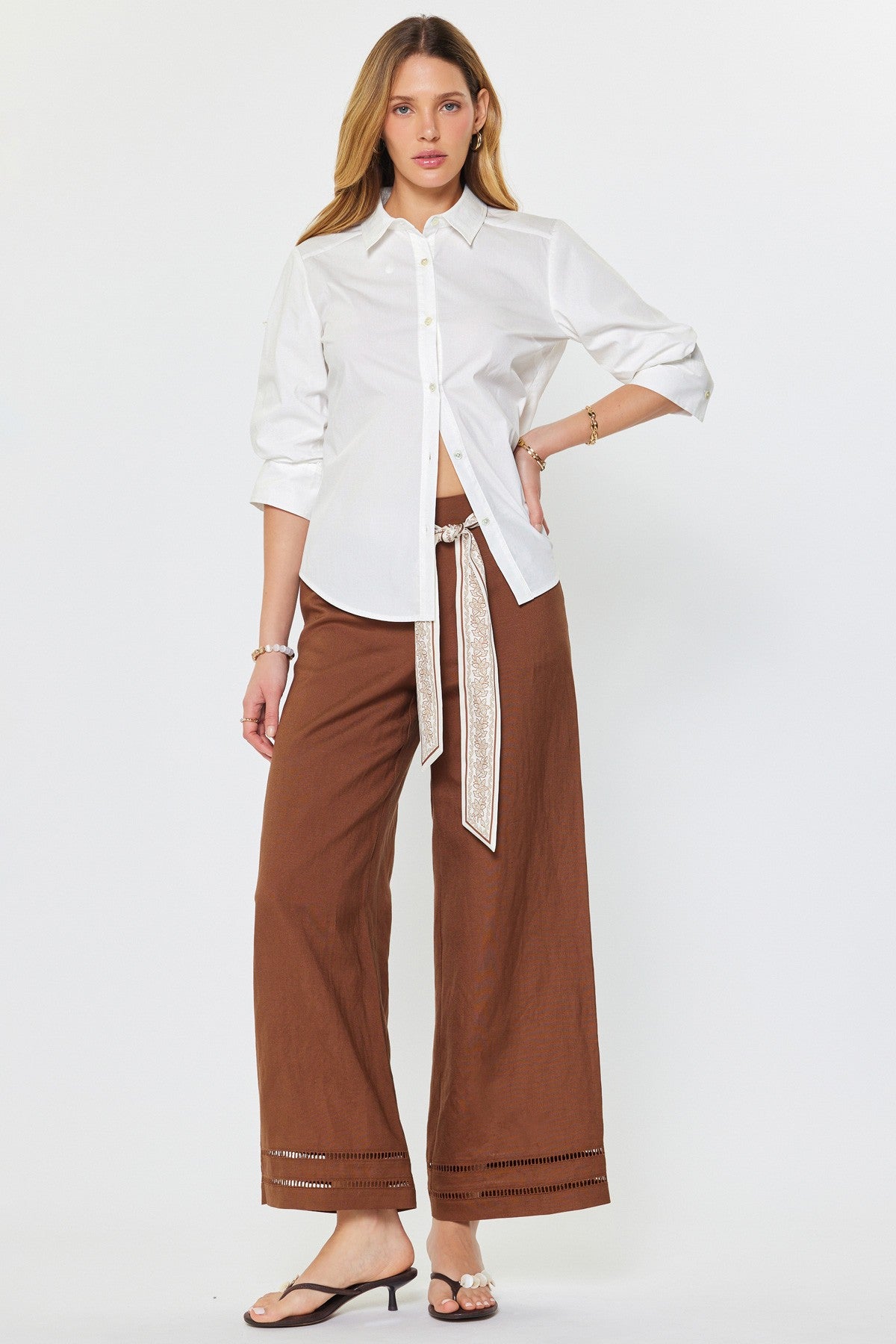 High Rise Full Lenght Wide Pants With Scarf Waist Belt Brown