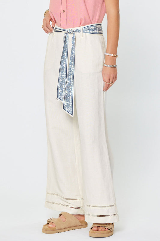 High Rise Full Lenght Wide Pant With Sacarf Waist Belt White