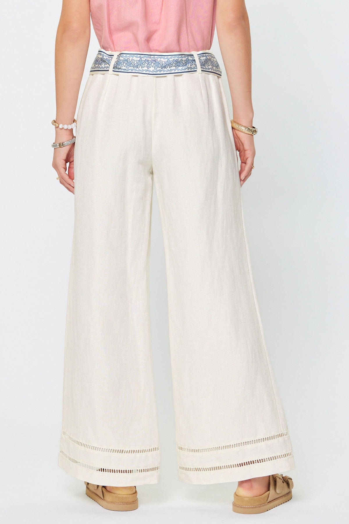 High Rise Full Lenght Wide Pant With Sacarf Waist Belt White