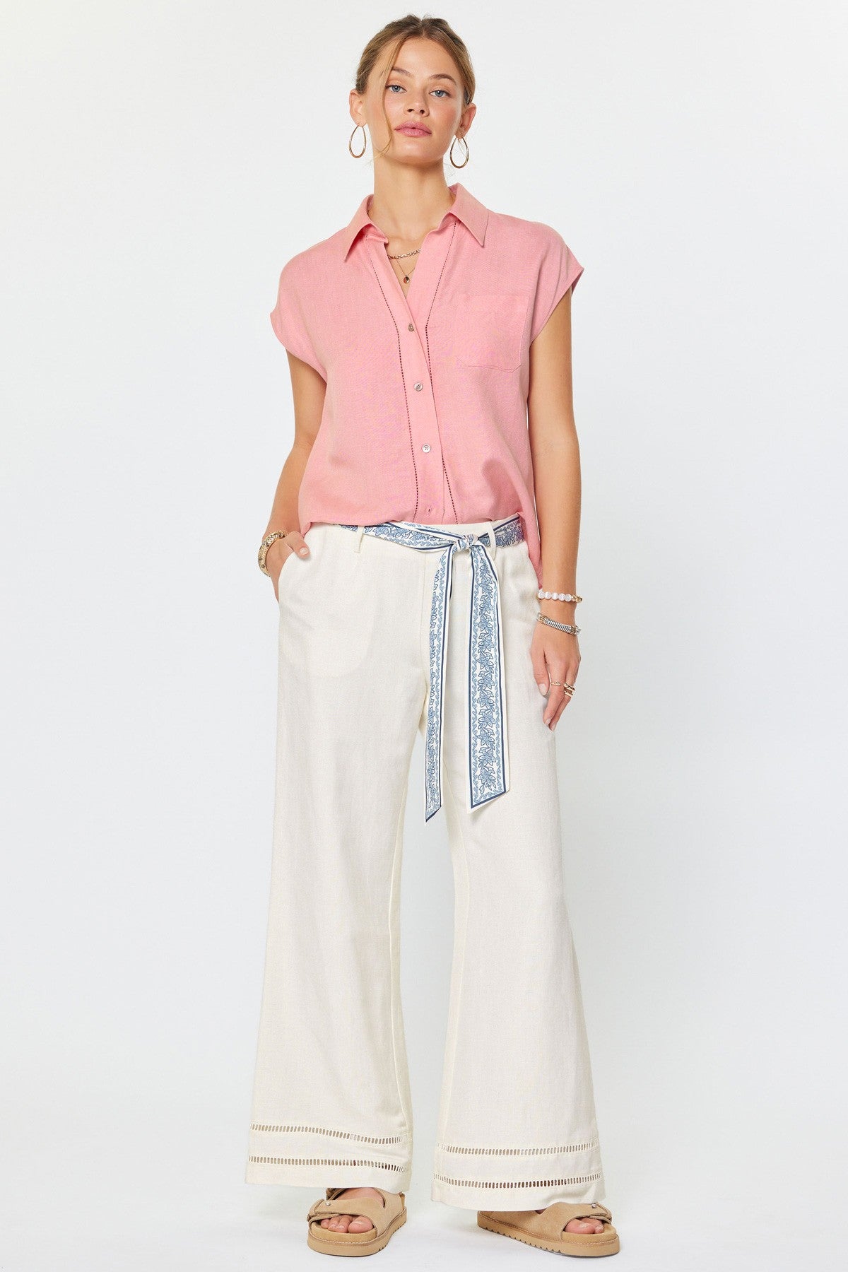 High Rise Full Lenght Wide Pant With Sacarf Waist Belt White