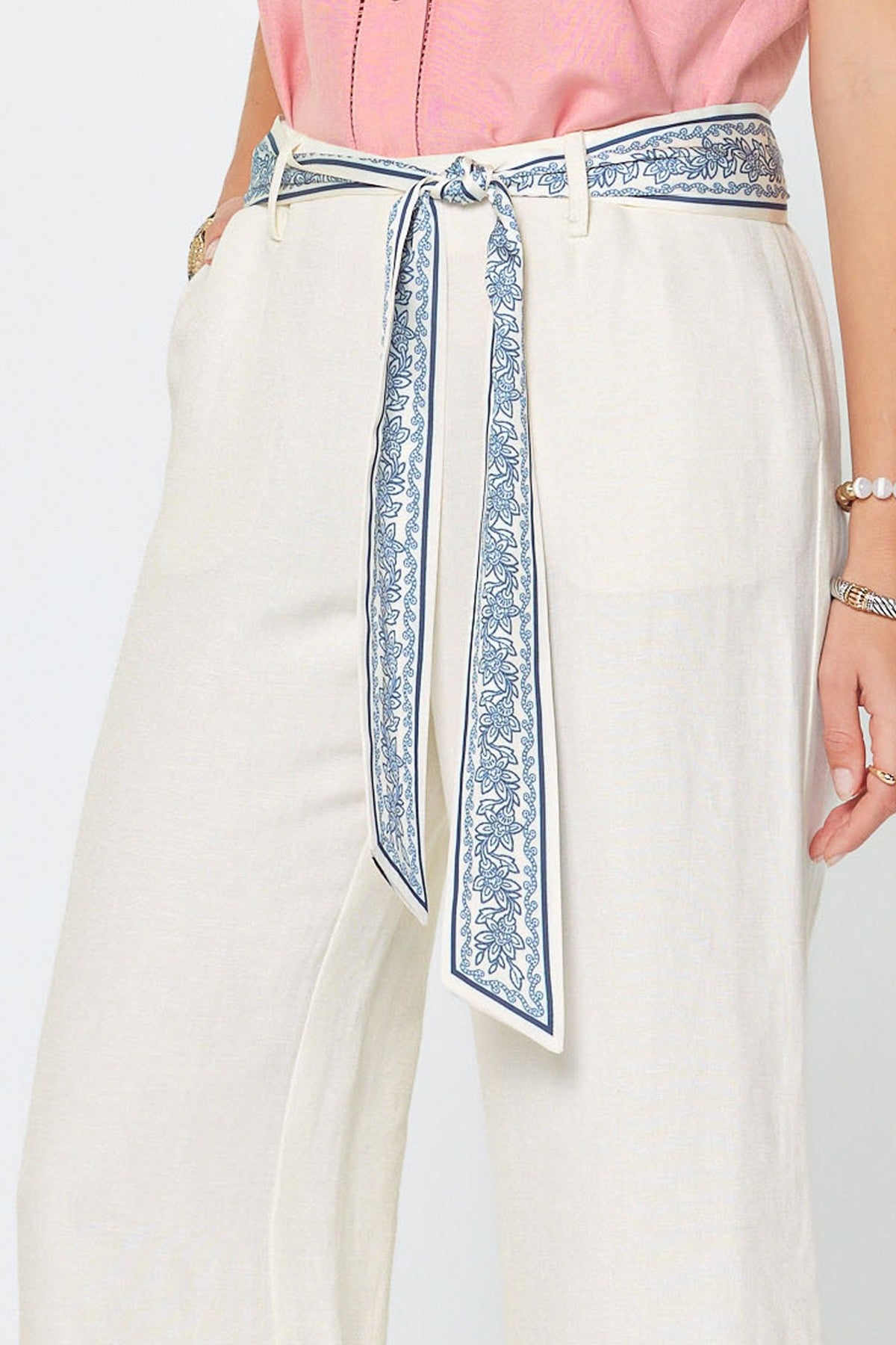 High Rise Full Lenght Wide Pant With Sacarf Waist Belt White