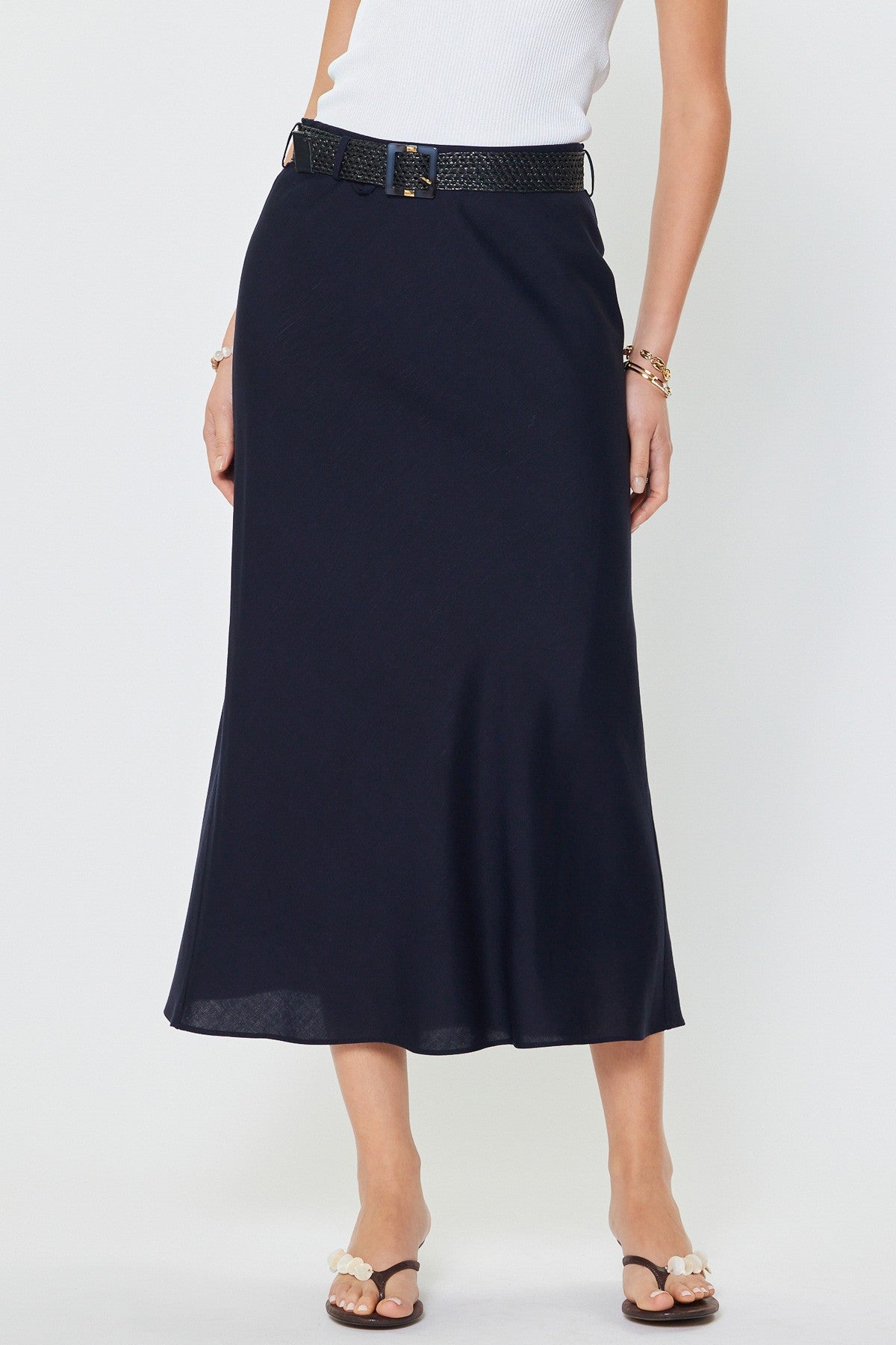 Bias Cut h-Line Midi Skirt With Raffia Belt Navy