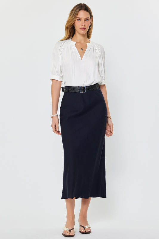 Bias Cut h-Line Midi Skirt With Raffia Belt Navy