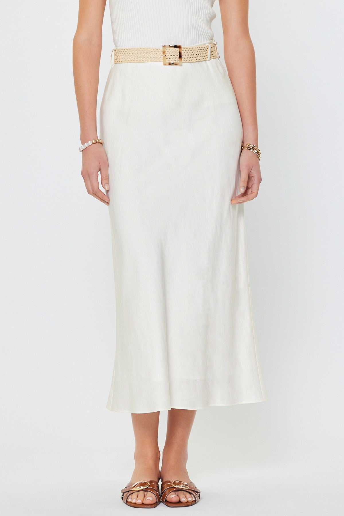Bias Cut H-Line Midi Skirt With Raffia Belt White