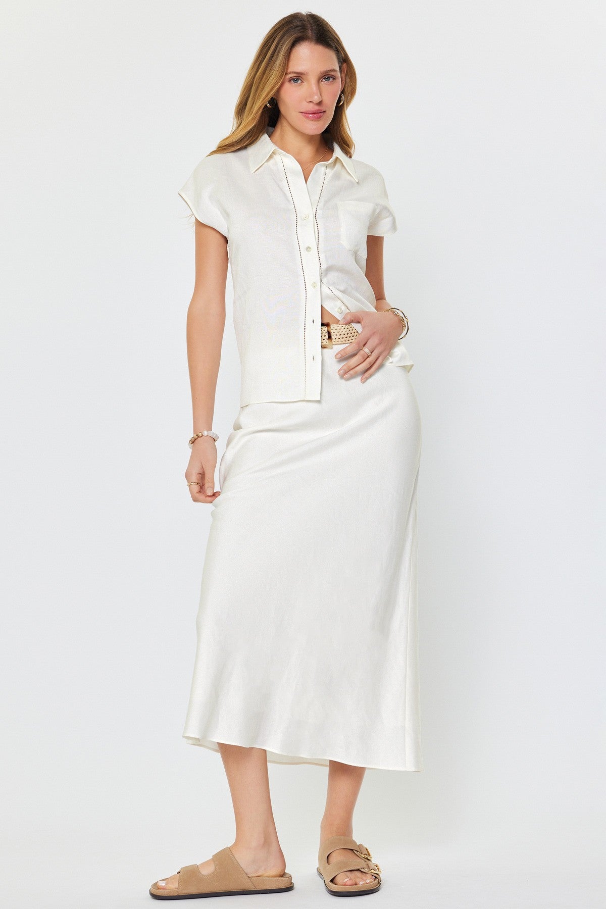 Bias Cut H-Line Midi Skirt With Raffia Belt White