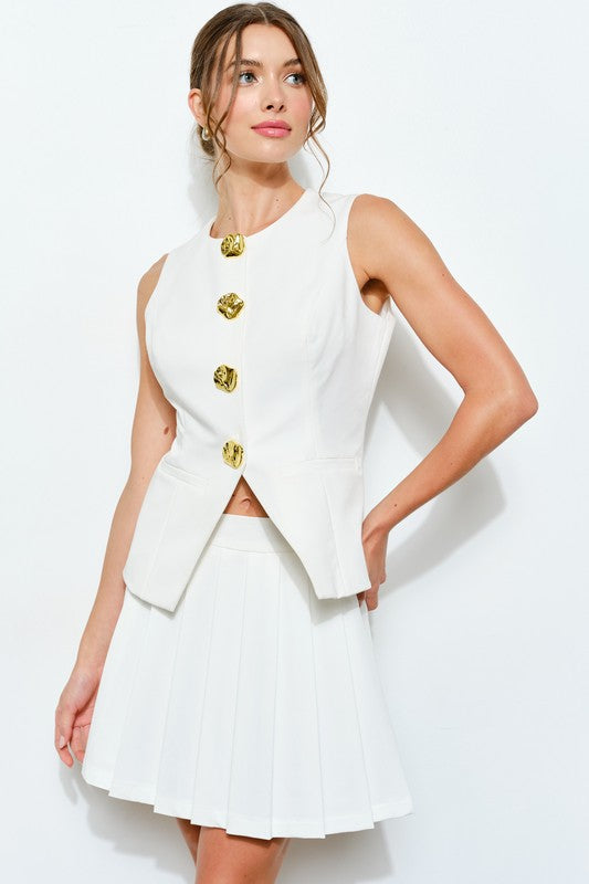 Luxe Gold Button Peplum Vest White