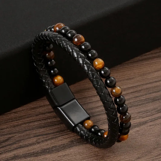 Geometric Natural Stone Rope Men's Bracelets in Black and Yellow Tiger