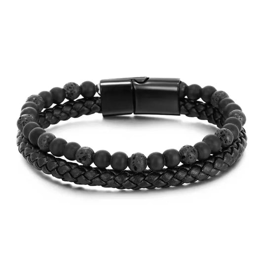 Round Alloy Natural Stone Beaded Braid Men's Bracelets in Black