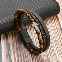 Retro Cross Alloy Natural Stone Haematite Men's Bracelets In Yellow Tigger Brown