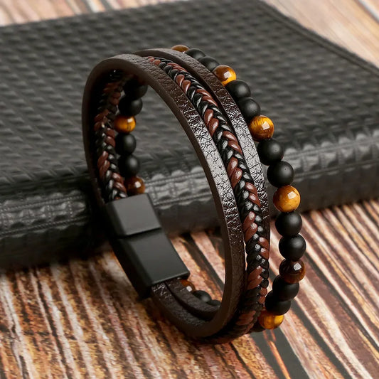 Geometric Gem Metal Patchwork Men's Bracelets In Brown