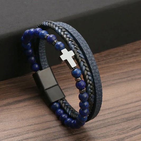 Cross Alloy Natural Stone Haematite Men's Bracelets in Blue